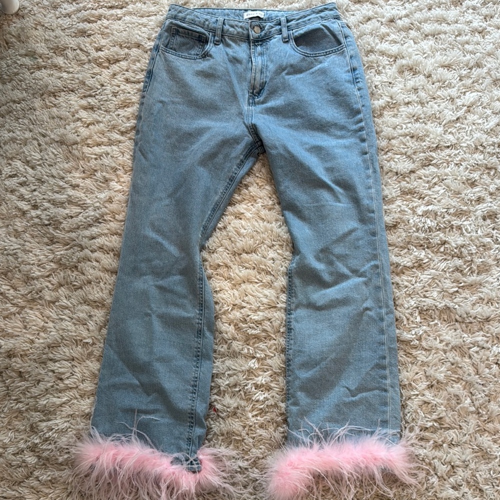 Gianni Bini Blue and Pink Boyfriend Jeans with Fuzzy Trim